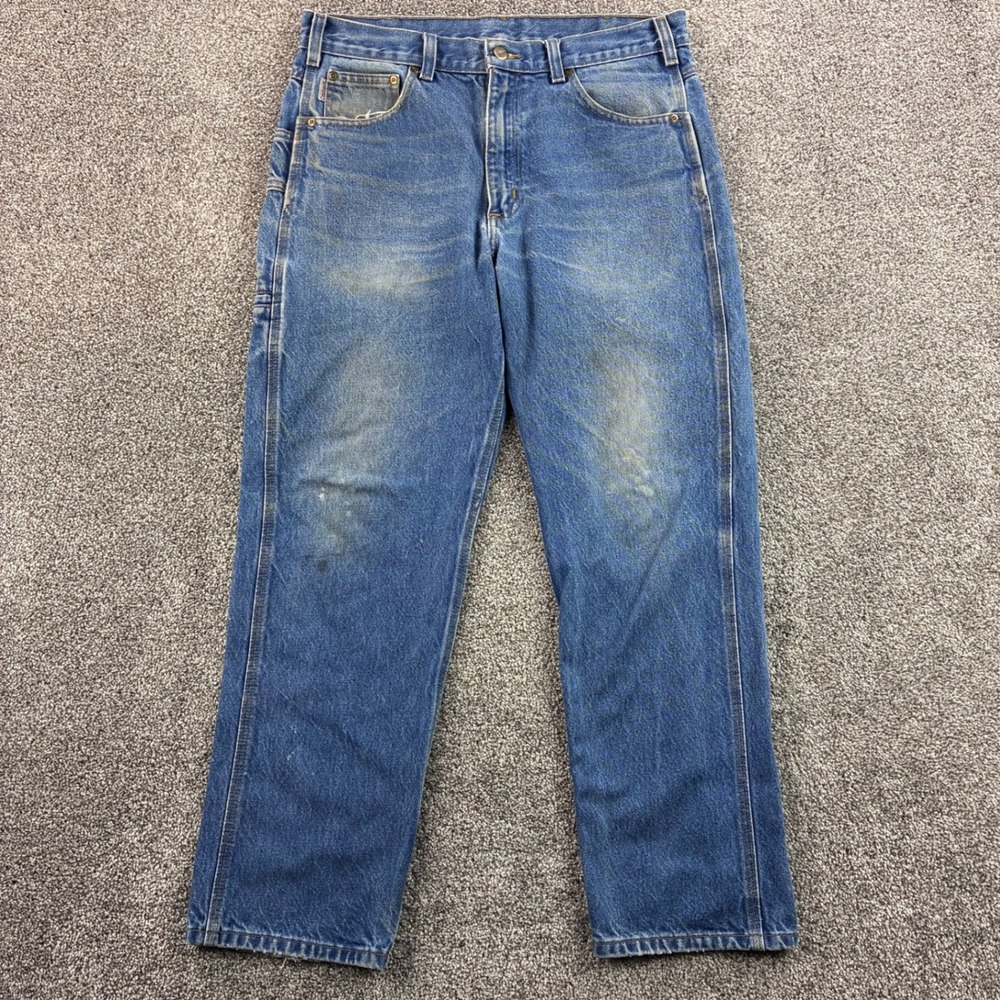 Carhartt Carpenter Jeans Mens 34x30 Blue Light Wash Denim Workwear Utility Pants
